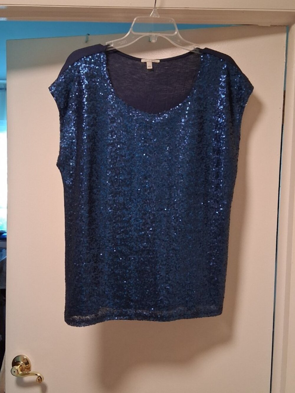 Halogen Navy Blue Sequin Top Blouse Shirt sz L